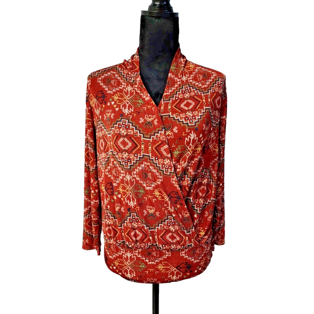 CATO Women Aztec Print Wrap Top - Elderberry‎ Wine, Size S